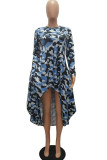 Army Green Fashion Daily Adult Milk Fiber Camouflage Print O Neck Long Sleeve Ankle Length Asymmetrical Dresses
