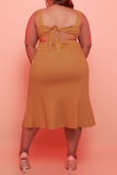 Tangerine Red Casual Solid Patchwork O Neck Trumpet Mermaid Plus Size Dresses