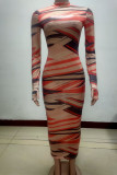 Multicolor Sexy Print Patchwork Mandarin Collar Wrapped Skirt Dresses