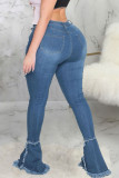 Dark Blue Sexy Denim Solid Ripped Plus Size 