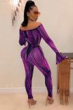 Blue Sexy Fashion adult Patchwork Two Piece Suits Striped Print pencil Long Sleeve
