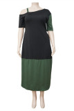 Green Fashion Casual Plus Size Patchwork Asymmetrical Oblique Collar Short Sleeve Dress