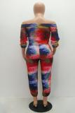 Red Sexy Casual Fashion Tie-dyed Print one word collar 