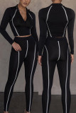 Black Casual Sportswear Solid Patchwork Turndown Collar Long Sleeve Two Pieces