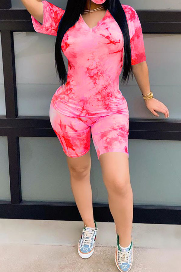 rose red Fashion Casual adult Ma'am Patchwork Print Tie Dye Two Piece Suits Straight Short Sleeve Two Pieces