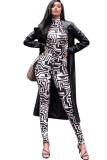 Black Sexy Two Piece Suits Patchwork Striped pencil Long Sleeve Two-piece Pants Set