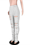 Grey Fashion Casual Solid Ripped Slit Fold Skinny Mid Waist Trousers