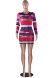 Blue Sexy adult Fashion Cap Sleeve Long Sleeves O neck Step Skirt Mini Print Mesh