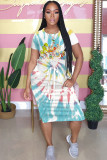 Blue Fashion Casual adult White Blue Green Pink Yellow Multi-color multicolor Cap Sleeve Short Sleeves O neck A-Line Mid-Calf Print Patchwork Ombre bandage Dresses