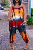 Red Fashion Casual Tie Dye Printing Spaghetti Strap Regular Jumpsuits