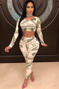 Cream white venetian Sexy Two Piece Suits Print pencil Long Sleeve Two-piece Pants Set