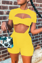 Yellow Casual Solid Patchwork Strapless Short Sleeve Two Pieces