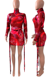 Black Sexy Print Mesh Turtleneck Pencil Skirt Dresses