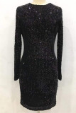 Wine Red Sexy Cap Sleeve Long Sleeves O neck Step Skirt skirt Sequin Solid Club Dresses