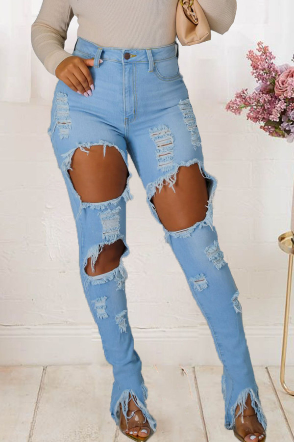 Baby Blue Street Solid Ripped Mid Waist Regular Denim