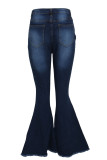 Dark Blue Sexy Solid Ripped High Waist Boot Cut Denim