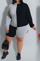 Black Casual O Neck Patchwork Solid Stitching Plus Size