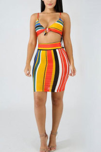 Stripe Fashion Sexy Spaghetti Strap Sleeveless Slip Step Skirt Knee-Length Striped Two Piece Dresses