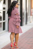 Red Fashion Long Sleeves Turndown Collar Asymmetrical Knee-Length ruffle hollow out Striped 