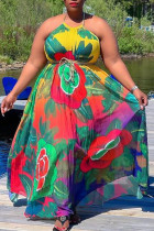 Red Sexy Print Patchwork Frenulum Halter Pleated Plus Size Dresses