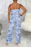 Blue Sexy Print Patchwork Spaghetti Strap Straight Jumpsuits