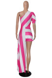 Red Street Striped Print Patchwork Asymmetrical Oblique Collar Irregular Dress Dresses