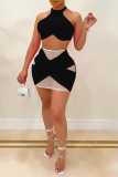 Black Sexy Solid Mesh Halter Sleeveless Two Pieces