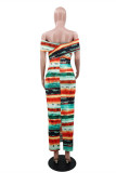 Colour Fashion Sexy Print Backless Slit Off the Shoulder Short Sleeve Dress