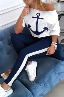 White adult Fashion Casual contrast color Print Two Piece Suits Patchwork pencil Short Sleeve T