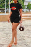 Blue Fashion Casual Patchwork Print Two Piece Suits pencil Short Sleeve Two Pieces