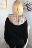 Black hooded Patchwork Plaid Print Patchwork Long Sleeve Sweats & Hoodies