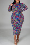 Blue Sexy Plaid Print Basic Turtleneck A Line Plus Size 