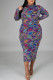 Blue Sexy Plaid Print Basic Turtleneck A Line Plus Size 