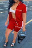 Grey Casual Sportswear Letter Embroidered Patchwork Zipper Collar Short Sleeve Two Pieces