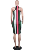 Red Fashion Sexy Red Blue Pink Yellow Wine Red Navy Blue Tank Sleeveless V Neck Hip skirt Knee-Length Striped Dresses