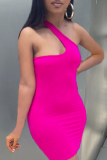 Rose Red Sexy Solid Patchwork One Shoulder Pencil Skirt Dresses