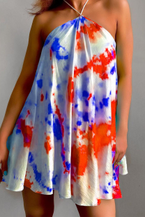 Red Sexy Print Patchwork Halter Cake Skirt Dresses