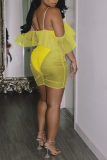 Yellow Sexy Solid Flounce Mesh Swimwears