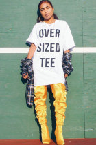 White O Neck Half Sleeve Patchwork Letter Print Tees & T-shirts