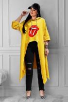 Yellow hooded Long Sleeve Lips Print Print Tees & T-shirts