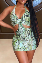Light Green Sexy Print Hollowed Out Halter Pencil Skirt Dresses