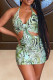 Light Green Sexy Print Hollowed Out Halter Pencil Skirt Dresses