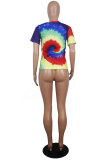 Blue White Blue Orange Yellow colour O Neck Short Sleeve Patchwork Print Character Tops