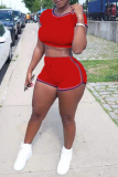 Red Casual Solid Patchwork O Neck Short Sleeve Two Pieces