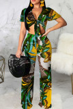 Blue Sexy Print Bandage Patchwork V Neck Short Sleeve Two Pieces