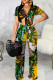 Green Sexy Print Bandage Patchwork V Neck Short Sleeve Two Pieces