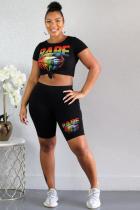 Black Casual Camouflage Straight Short Sleeve Two-Piece Short Set