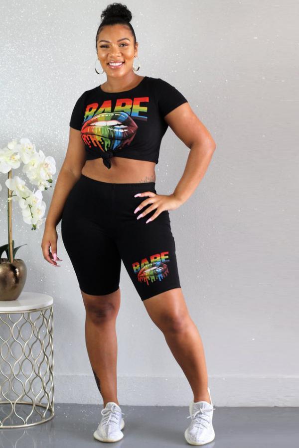 Black Casual Camouflage Straight Short Sleeve Two-Piece Short Set