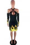 Orange and pink Fashion adult Sexy Off The Shoulder Long Sleeves Halter Neck A-Line Knee-Length split Prin