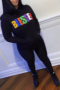 Black Casual England Letter Print pencil Long Sleeve Two Pieces